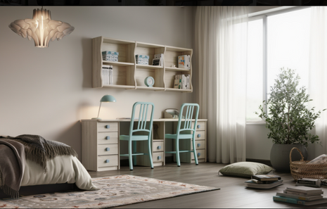 Duo Scholar wide double desk with open wall bookcase and teal chairs in a bright bedroom