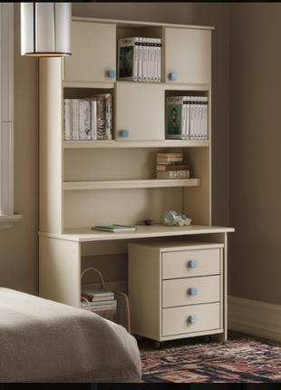 Belle Étude elegant cream desk with arched wall cabinet and bench seat in a soft bedroom