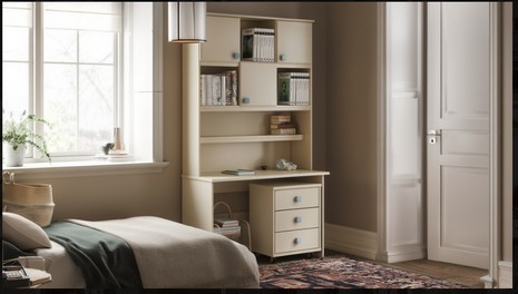 Belle Étude elegant cream desk with arched wall cabinet and bench seat in a soft bedroom