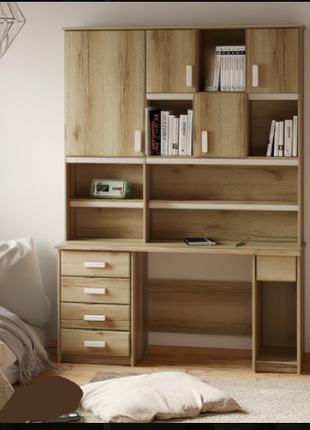 Scholar Tower Desk – natural oak bookcase desk combo in a bedroom setting