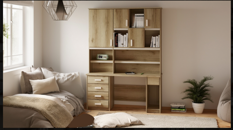 Scholar Tower Desk – natural oak bookcase desk combo in a bedroom setting
