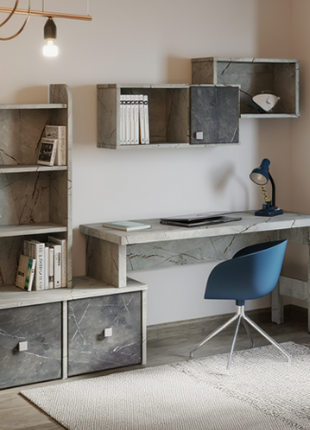 Atelier Marble Workstation – marble-effect modular desk with bookcase and wall cubes