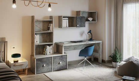 Atelier Marble Workstation – marble-effect modular desk with bookcase and wall cubes