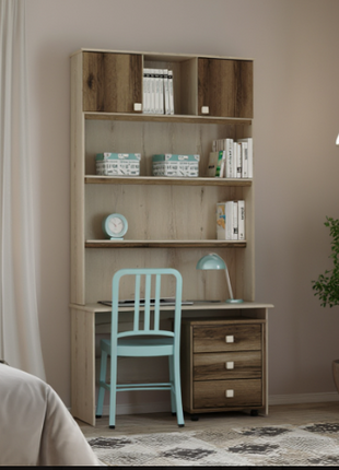 Nordic Study Hutch – oak desk with hutch and drawers in a warm bedroom setting