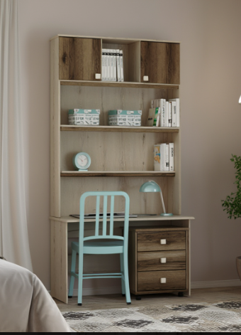 Nordic Study Hutch – oak desk with hutch and drawers in a warm bedroom setting