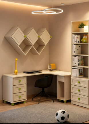 Soleil Study Corner Set – cream kids corner desk with bookshelf tower and diamond wall shelves