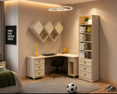 Soleil Study Corner Set – cream kids corner desk with bookshelf tower and diamond wall shelves