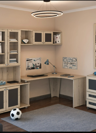 Atelier Corner Workspace – vintage wood L-shaped desk with glass cabinets and storage units
