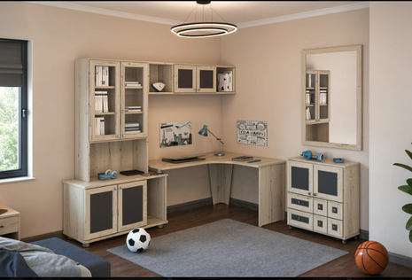 Atelier Corner Workspace – vintage wood L-shaped desk with glass cabinets and storage units