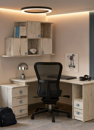Nordic Nook Desk Set – light wood L-shaped corner desk with cube wall shelving and mesh chair