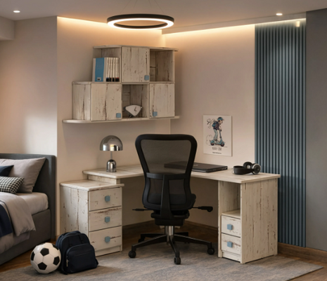 Nordic Nook Desk Set – light wood L-shaped corner desk with cube wall shelving and mesh chair