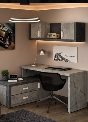 Obsidian Study Corner – dark marble-effect desk with concrete drawers, wall shelf and bookshelf tower