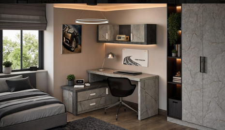 Obsidian Study Corner – dark marble-effect desk with concrete drawers, wall shelf and bookshelf tower