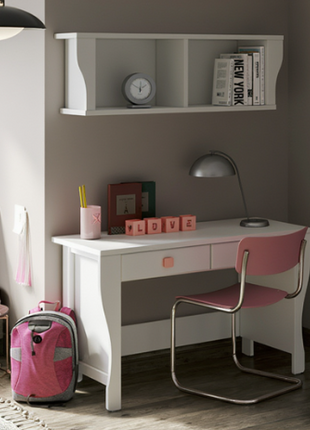 Mila Writing Desk in white with pink accents and open wall shelf