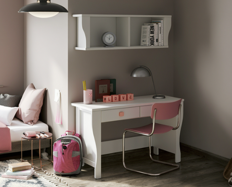 Mila Writing Desk in white with pink accents and open wall shelf