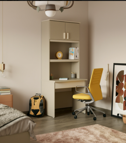 Tal Tower Desk with full-height integrated shelving tower in natural oak