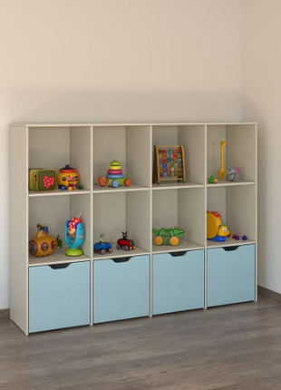 Compact 4-cube toy storage unit in white with green drawers