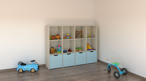 Compact 4-cube toy storage unit in white with green drawers