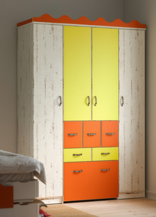 Kids Color-Pop Wardrobe with orange and yellow panels and removable toy cart drawer