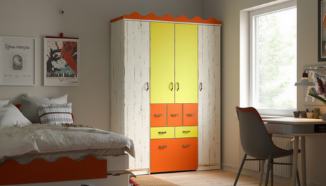 Kids Color-Pop Wardrobe with orange and yellow panels and removable toy cart drawer