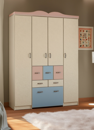 Kids Pastel Wardrobe with pink and blue panels and removable toy cart drawer