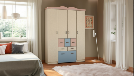 Kids Pastel Wardrobe with pink and blue panels and removable toy cart drawer