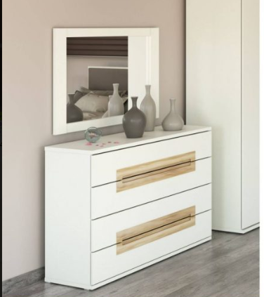 Natural oak and white 3-drawer dresser with matching mirror