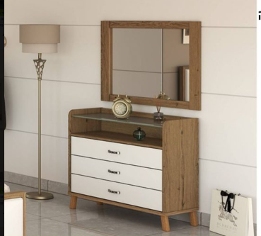 Natural Oak & White Open-Shelf Dresser with Mirror