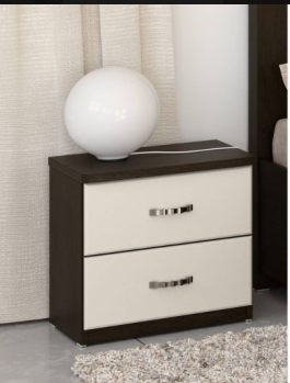 Rustic walnut 2-drawer nightstand with gold handles next to upholstered headboard