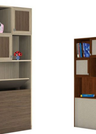 Kids display bookcase with open shelves and storage drawers in two color options