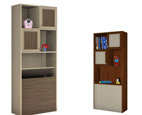 Kids display bookcase with open shelves and storage drawers in two color options