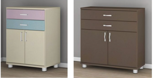 Compact storage cabinet with drawers and doors in pastel and mocha finishes