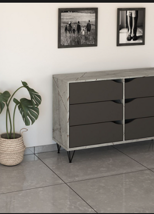 Luma 6-Drawer Shoe Dresser in concrete and anthracite finish with black hairpin legs