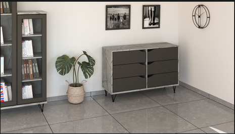 Luma 6-Drawer Shoe Dresser in concrete and anthracite finish with black hairpin legs