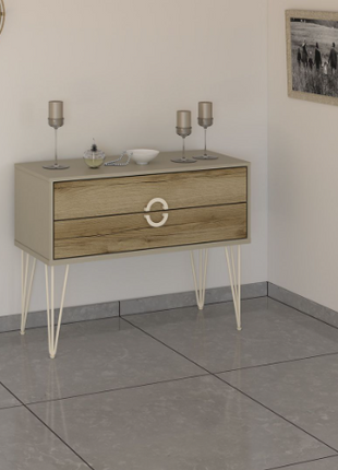 Nora 2-Drawer Tie Sideboard in graphite and stone finish with tapered legs