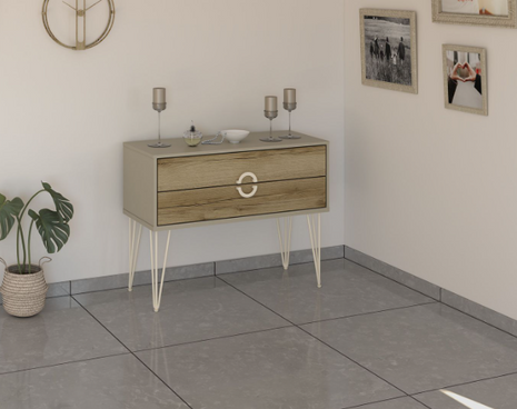 Nora 2-Drawer Tie Sideboard in graphite and stone finish with tapered legs