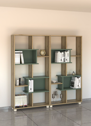 Milo open grid display shelf in sage green with tapered white legs
