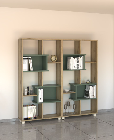 Milo open grid display shelf in sage green with tapered white legs