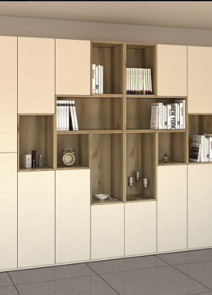 Vela corner tower shelf in grey wood with graduated shelves and rounded silhouette