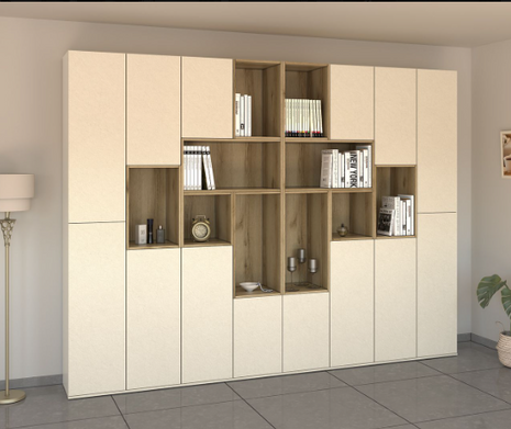 Vela corner tower shelf in grey wood with graduated shelves and rounded silhouette
