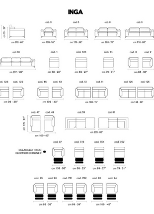 Inga sofa system configuration guide with dimensions