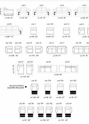Olga modular sofa - available module configurations and dimensions