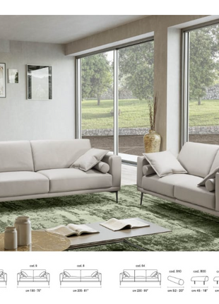 Silver sofa collection spec sheet — available in 225cm and 185cm configurations