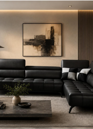 Novula modular sofa in cognac leather with right-facing chaise, styled in a contemporary space