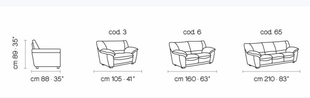 Trani sofa dimensions — armchair 88cm, 2-seater 105cm, 3-seater 160cm, maxi 210cm