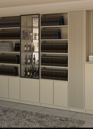 Sand ribbed panel wall bookcase with central glass display cabinet and open shelving