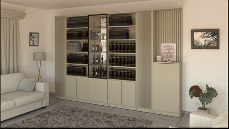 Sand ribbed panel wall bookcase with central glass display cabinet and open shelving