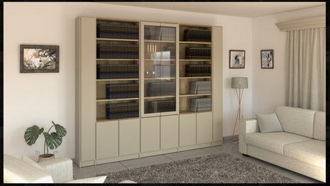 Cream wall bookcase with glass display cabinet and open shelving in a living room setting