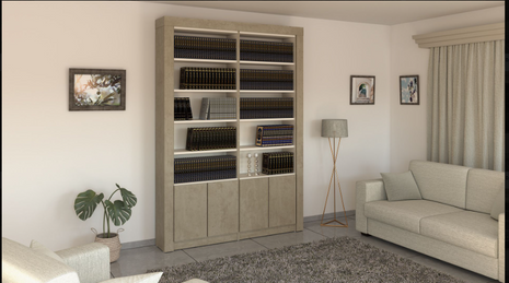 Sand open bookcase with lower cabinet doors in a living room setting
