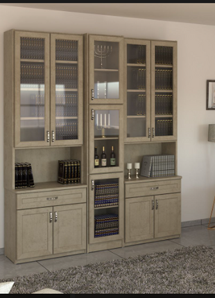 3-section mixed display bookcase with wine cabinet in greige finish